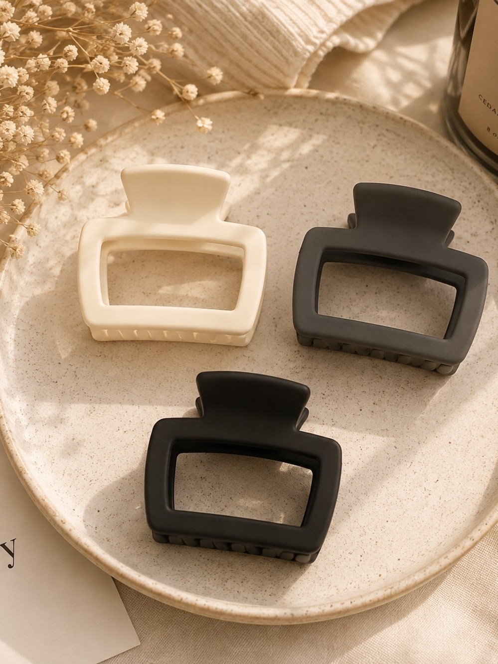 Matte Neutral Rectangle Hair Claw Clip Set of 3 - Black, Charcoal, Cream New